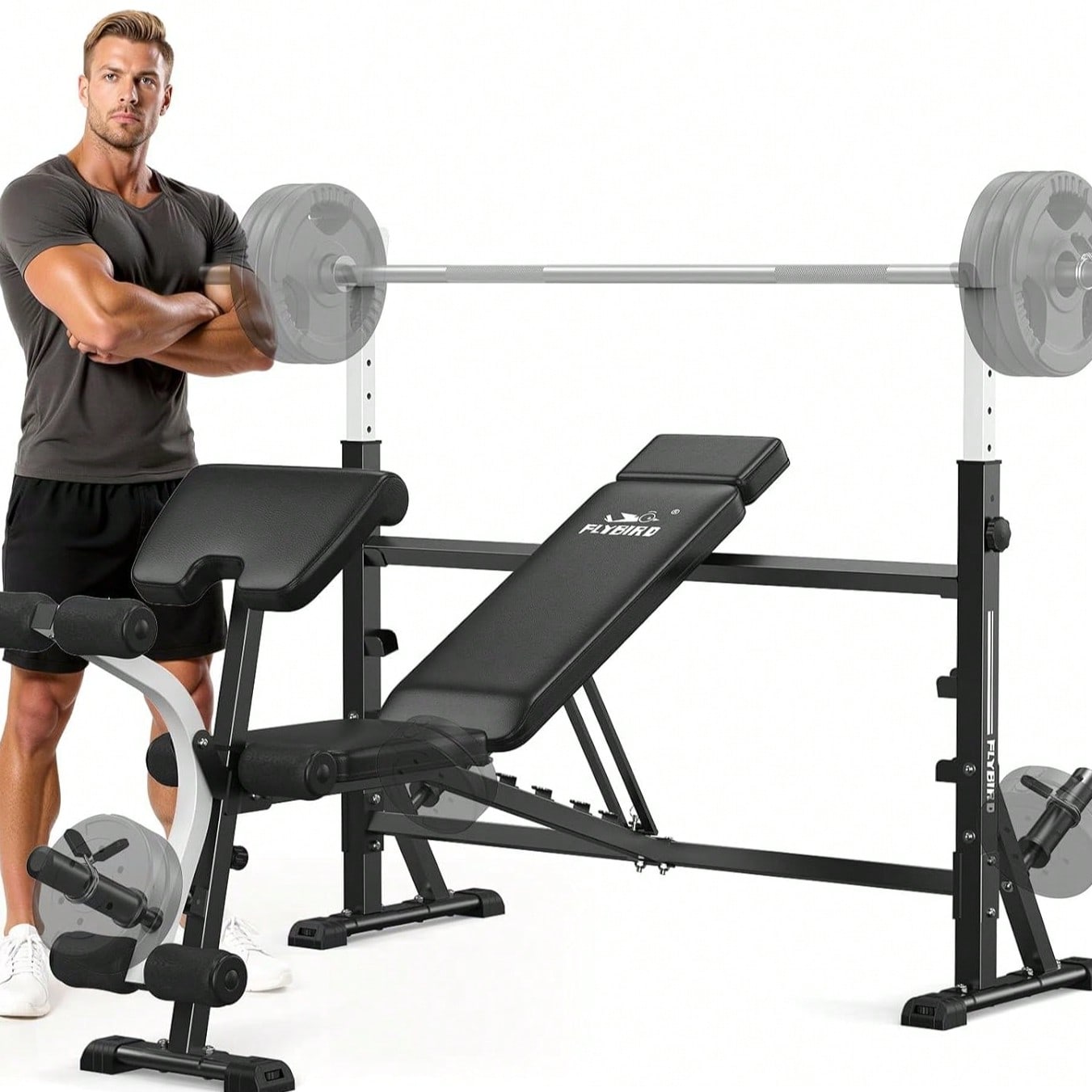 Home Gym Leg Press - FLYBIRD Verstellbare Hantelbank, mit Hantelbankgestell, Beinstrecker